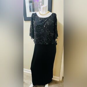 Elegant Black Beaded Evening Dress with Capelet